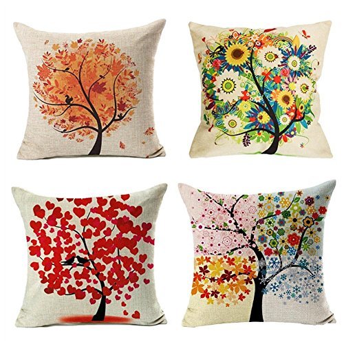 Social 4 Pack Colorido Otoño Flor Árbol de Algodón de Lino Throw Pillow