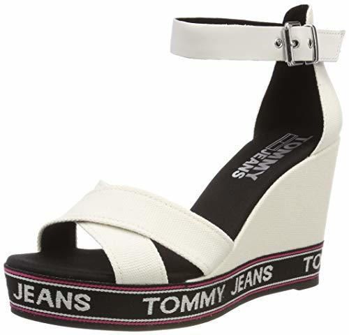 Tommy Hilfiger Pop Webbing Wedge Sandal, Sandalias con Plataforma para Mujer, Blanco
