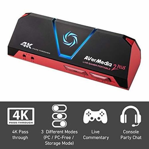 AVerMedia Live Gamer Portable 2 Plus, 4K Pass-Through, Capturadora de juegos 1080p60