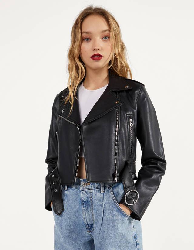 Moda Casaco biker efeito pele -Bershka 