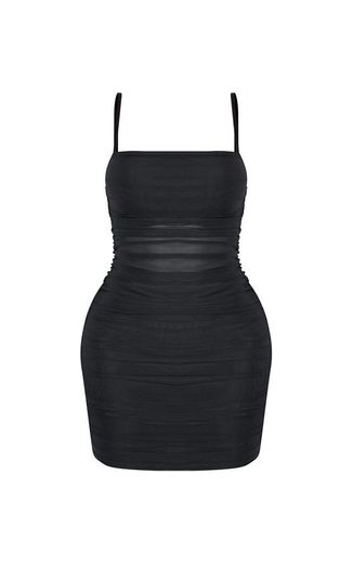 Shape black strappy ruched mesh cut out dress