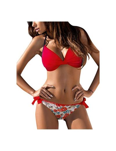 Tuopuda Mujer Multicolor Cabestro Bikini Conjuntos de Cintura Baja Ajustable Bikini Inferior Impresa Raya Playa Traje de Baño