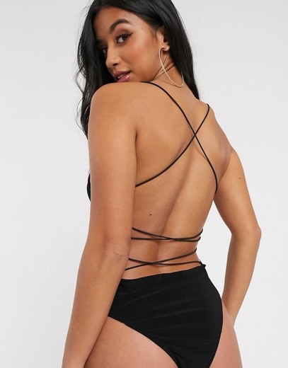 Boohoo basic lace up back detail body in black