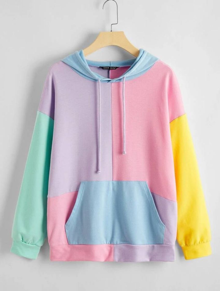 Fashion Colorblock Kangaroo Pocket Drawstring Hoodie