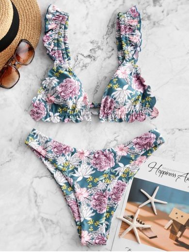 ZAFUL Floral Ruffle High Leg Bikini Swimwear 