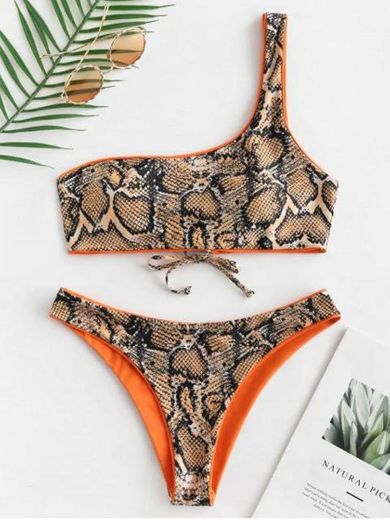 ZAFUL Snakeskin Leopard One Shoulder Reversible Bikini Set