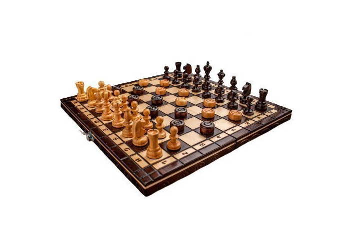 Product Brand New Hand Crafted Cherry Wooden Chess And Draughts Set 35cm x