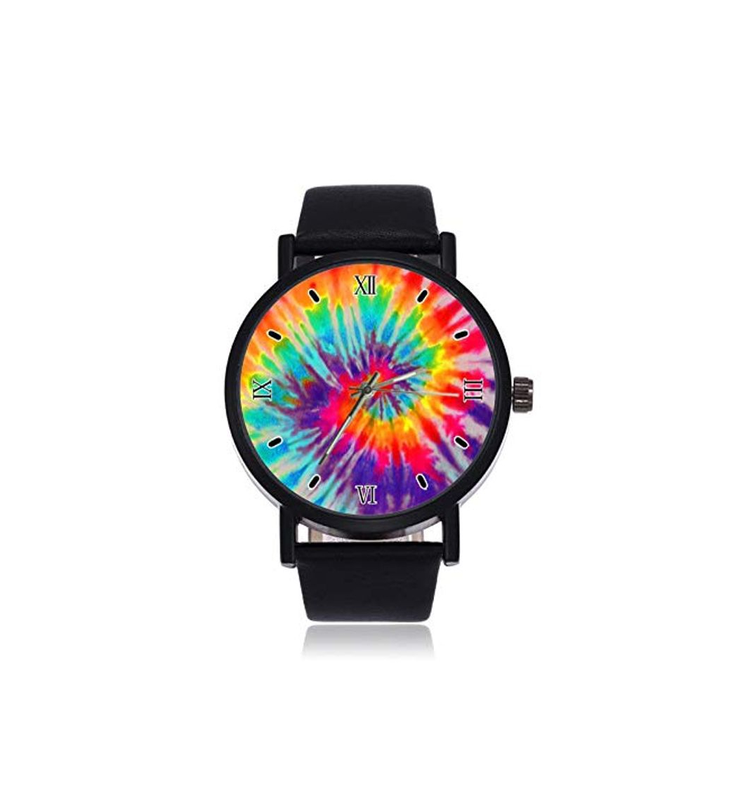 Fashion Tie Dye Reloj de Pulsera analógico de Cuarzo con Correa de Cuero de Acero Negro para Mujeres y Hombres