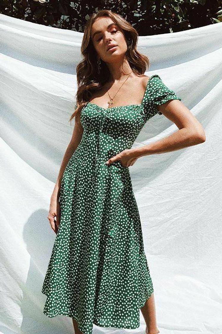 Fashion Vestido verde de bolinha branca 💕