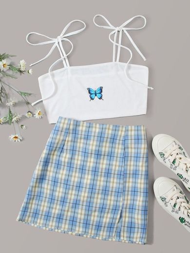 Tie Shoulder Butterfly Print Cami Top & Tartan Plaid A-Line Skirt 