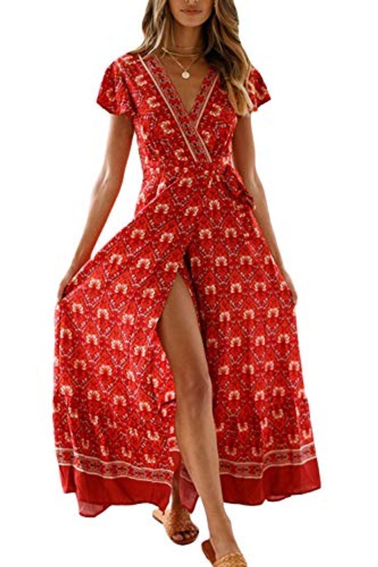 Social Vestido Mujer Bohemio Largo Verano Playa Fiesta Floral Manga Corta Cuello en V Talla Split Wrap Maxi Vestidos 5 XL