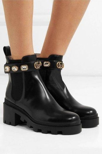 Black Leather Ankle Boot With Belt & Crystals | GUCCI