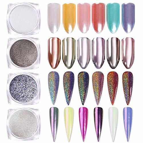 Born Pretty 4 Cajas Nail Art Powder Mirror Holographic Laser Rainbow Neon