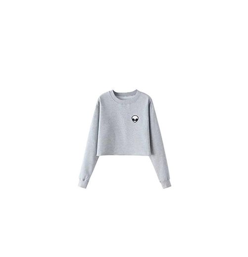 YouPue Mujer Manga Larga de Sudaderas Cuello Redondo Tops Color Sólido Gris