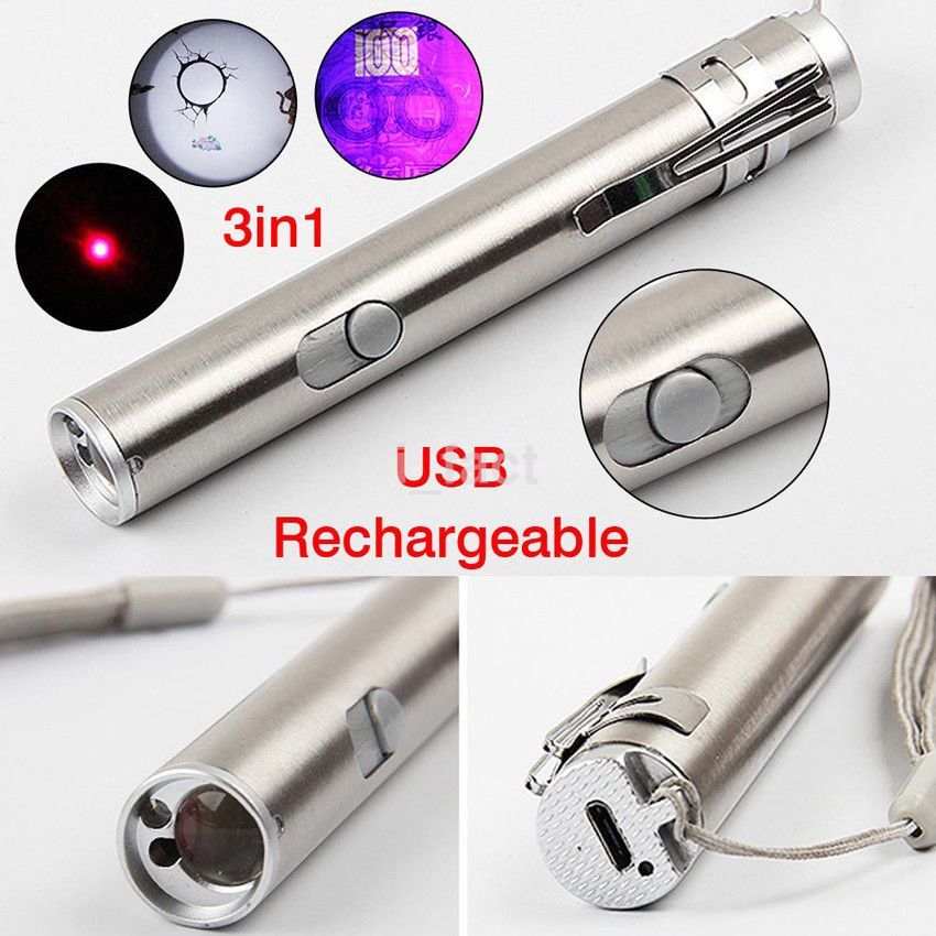 Lugar 3 in1 500LM mini USB de aluminio recargable LED linterna UV linterna