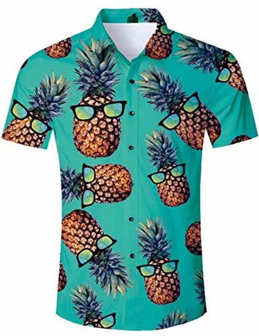 TUONROAD Camisa Hawaiana Hombre Funny Piña 3D Verde Manga Corta Verano Casual