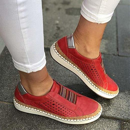 QIMITE Mocasines de Cuero Zapatos Casuales Mujer Slip-on Zapatillas de Deporte Rojas