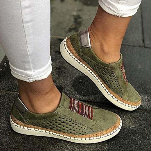 QIMITE Mocasines de Cuero Zapatos Casuales Mujer Slip-On Zapatillas de Deporte Verdes