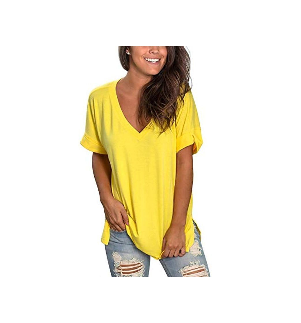 Producto Tallas Grandes de Mujer Camisetas Manga Corta Verano Cuello V Blusa Amarillo