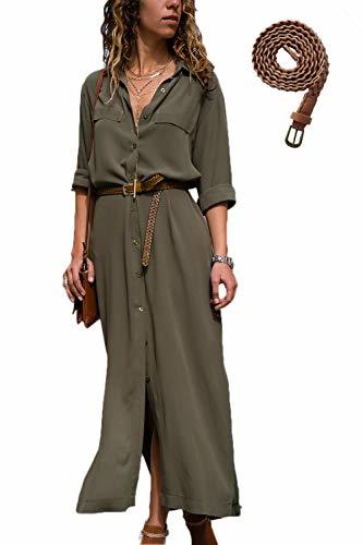 Social Mujer Vestidos Largos Casual Camiseros Manga Larga Botón Lateral De Hendidura Vestido