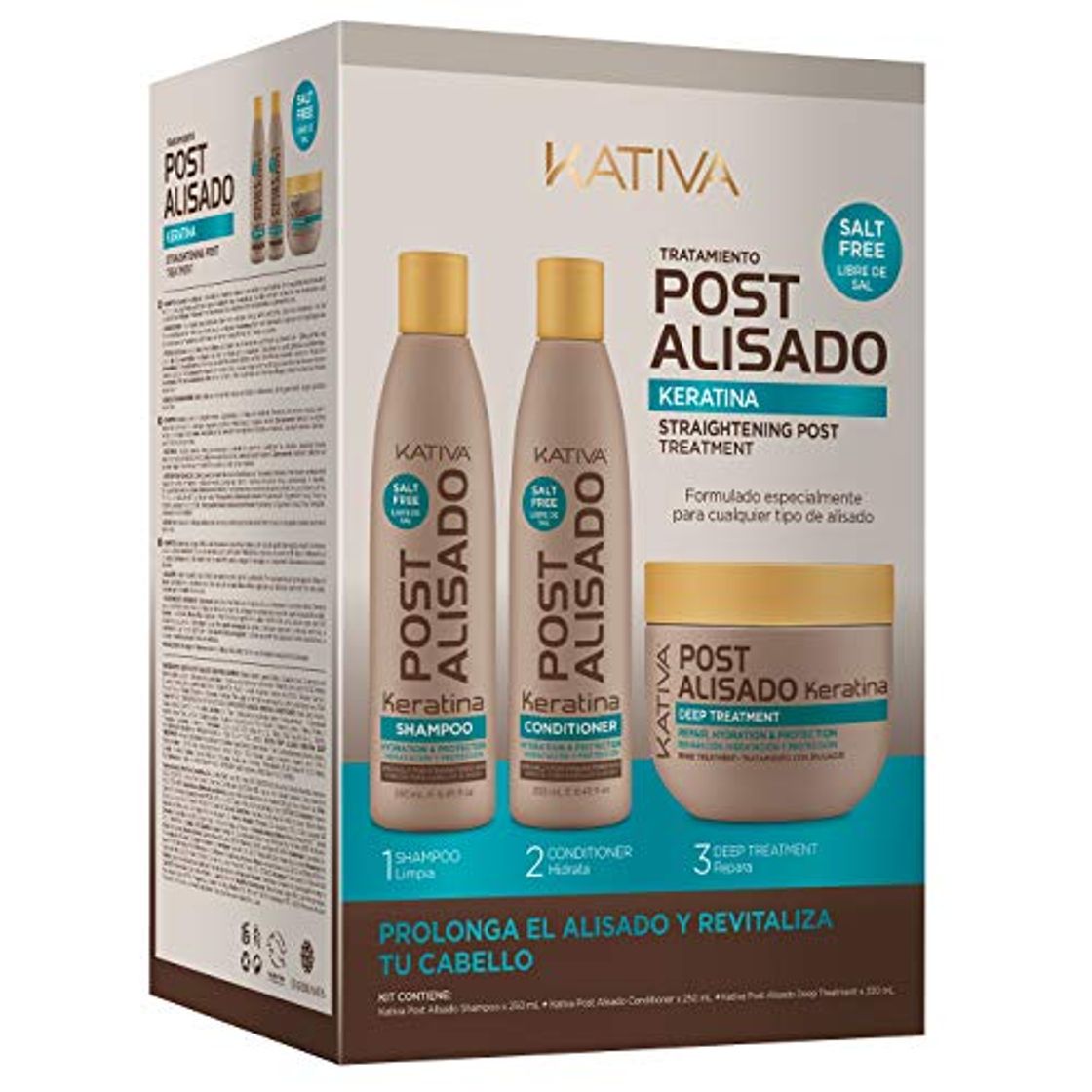 Belleza Kativa Postalisado - Kit Champú y Acondicionador y Mascarilla, sin Sal - Paquetes de 3 botellas x 250 ml