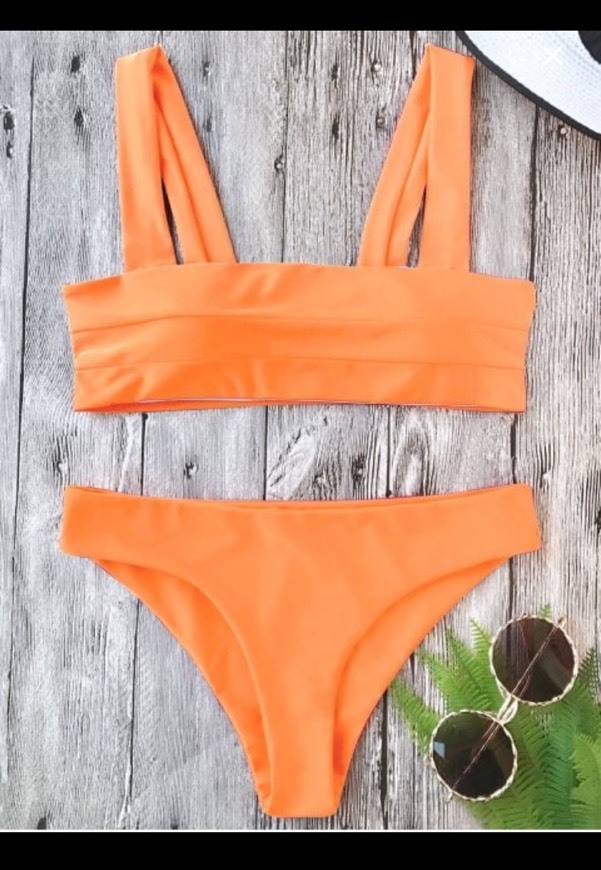 Padded Wide Straps Bandeau Neon Bikini Set - Neon Orange 