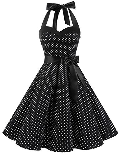 Fashion Dresstells® Halter 50s Rockabilly Polka Dots Audrey Dress Retro Cocktail Dress Black