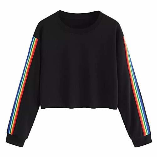 Mujer Casual Sudaderas Rayas Arcoiris Cortas Adolescentes Chicas Manga Larga Tumblr Patchwork