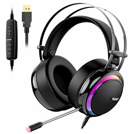 Tronsmart Auriculares Gaming Profesional con Micrófono Diadema LED-Glary-Cascos Gaming Sonido Envolvente 7.1-Drivers