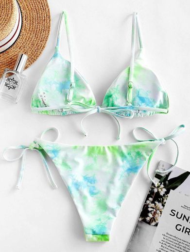 ZAFUL Mujer Bikini Conjunto, Copa Triangular de Encaje con Estampado Tie Dye