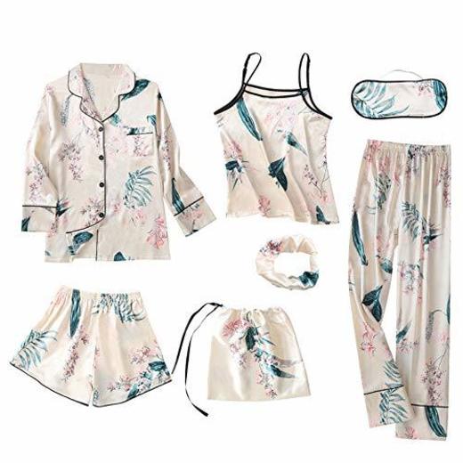 Pijama Mujer de Seda, Ropa De Dormir 7Pcs Conjunto Camisa, Camisola, Pantalón