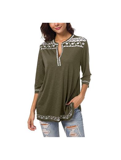 Urban GoCo Mujer Camisas Manga 3/4 Boho Blusa Bordado T-Shirt Tops