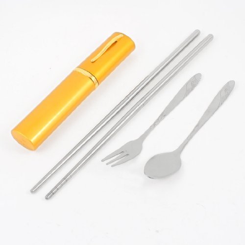 Product DealMux Talheres Colher Chopsticks Fork Set w Case Gold Tone