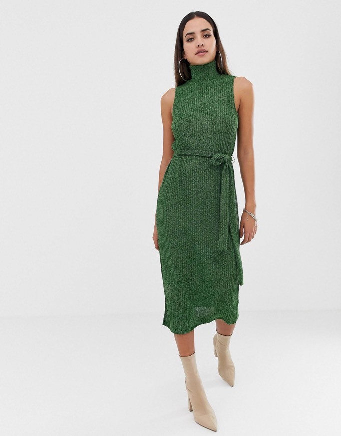 Producto Vestido jersey verde con cuello alto anudado en la cintura