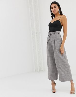 Social PrettyLittleThing wide leg belted trousers in grey check | ASOS