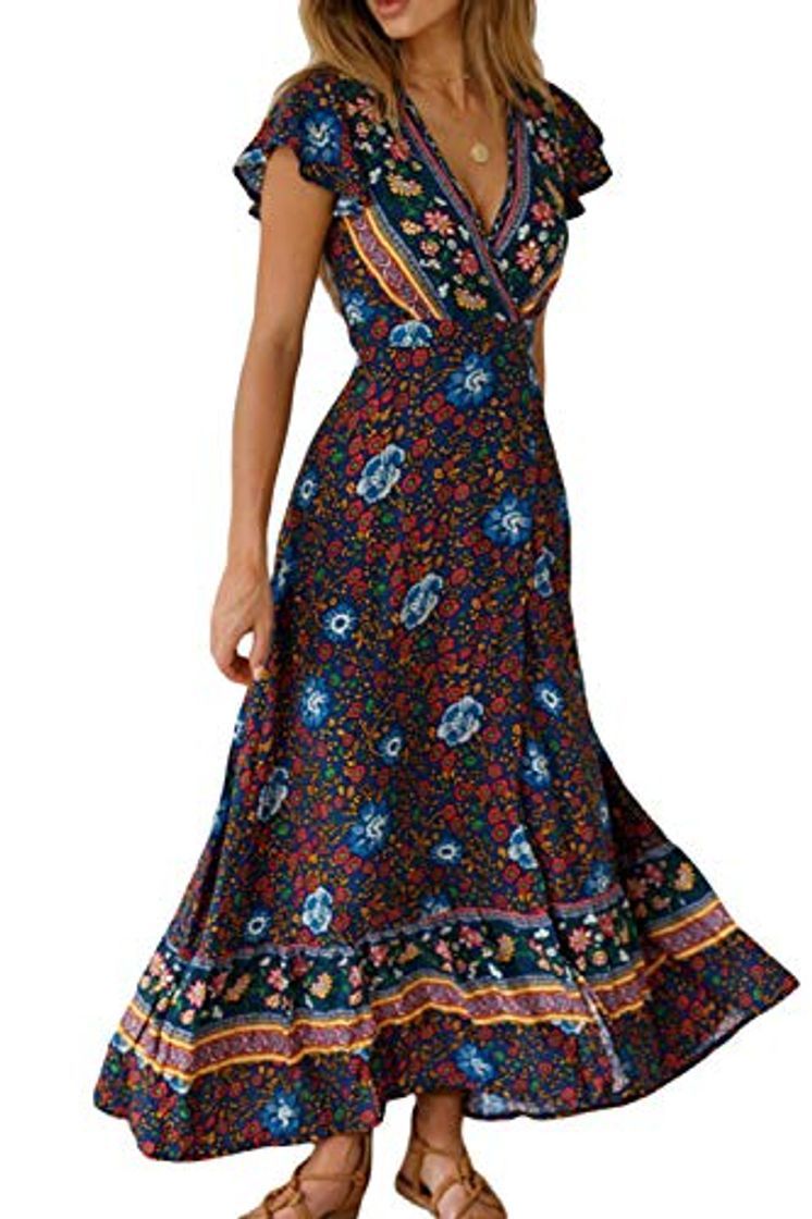 Fashion Vestido Mujer Bohemio Largo Verano Playa Fiesta Floral Manga Corta Cuello en