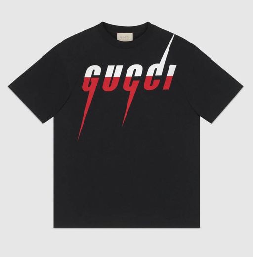 Black Cotton T-Shirt With Gucci Blade Print