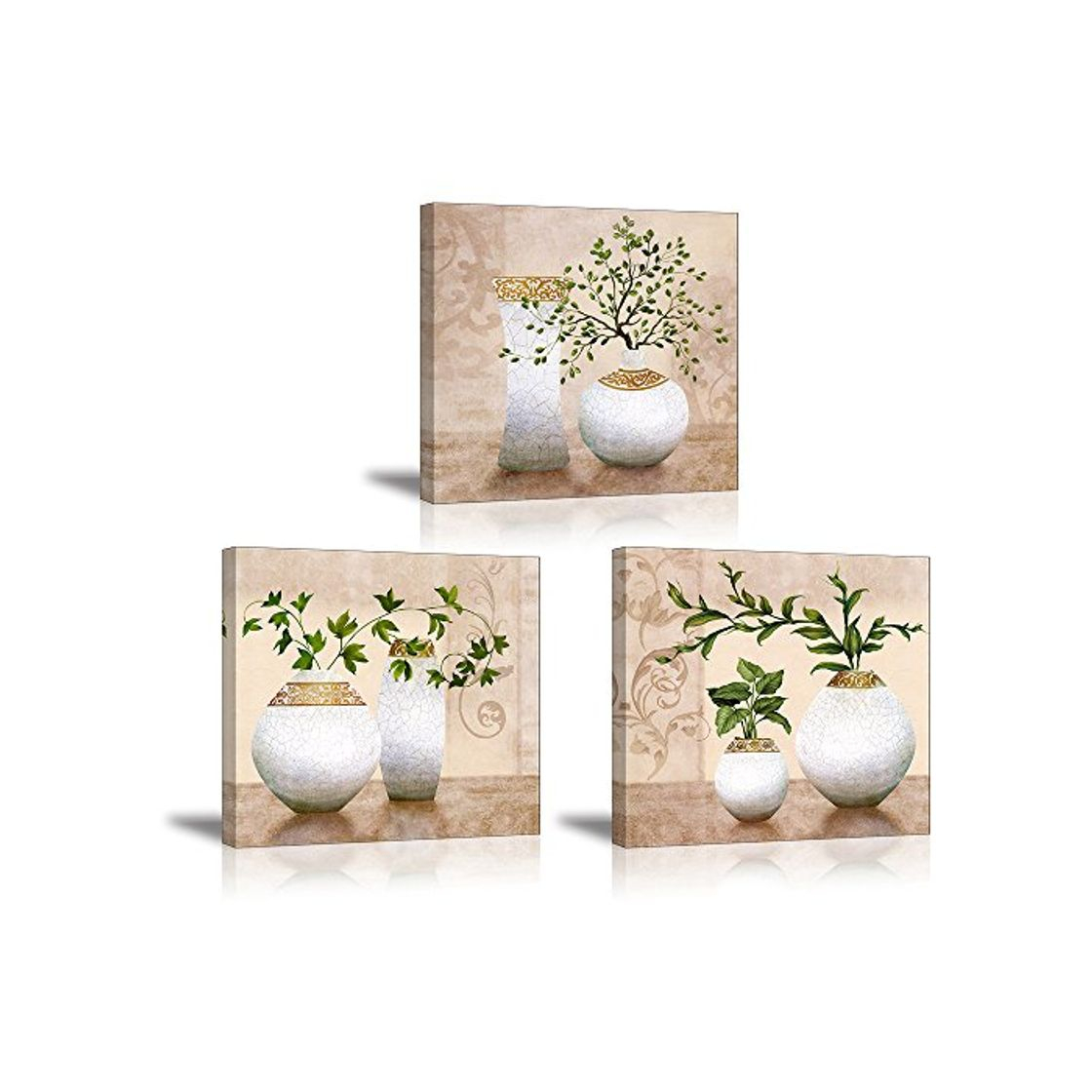 Social PIY 3X Cuadro Sobre Lienzo Imagen de Plantas Verdes Elegantes en Botellas de jarrón Canvas Wall Art de la Lona Arte de Pared Listo para Colgar Cuadros Sobre el Lienzo con Sala Comedor Cocina 30x30cm