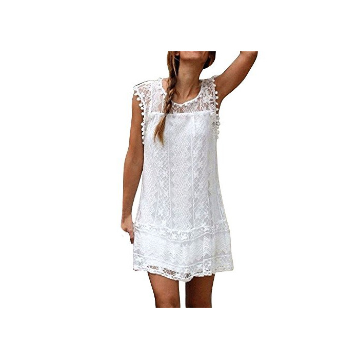 Producto Vestidos Mujer Casual Encaje Sleeveless Vestido Flecos Mini Vestidos Coctel-Aobaung(Blanco