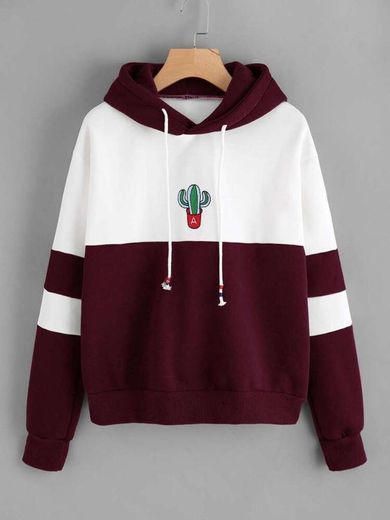 Sweatshirt Com Capuz Color Block Com Cactus Estampado