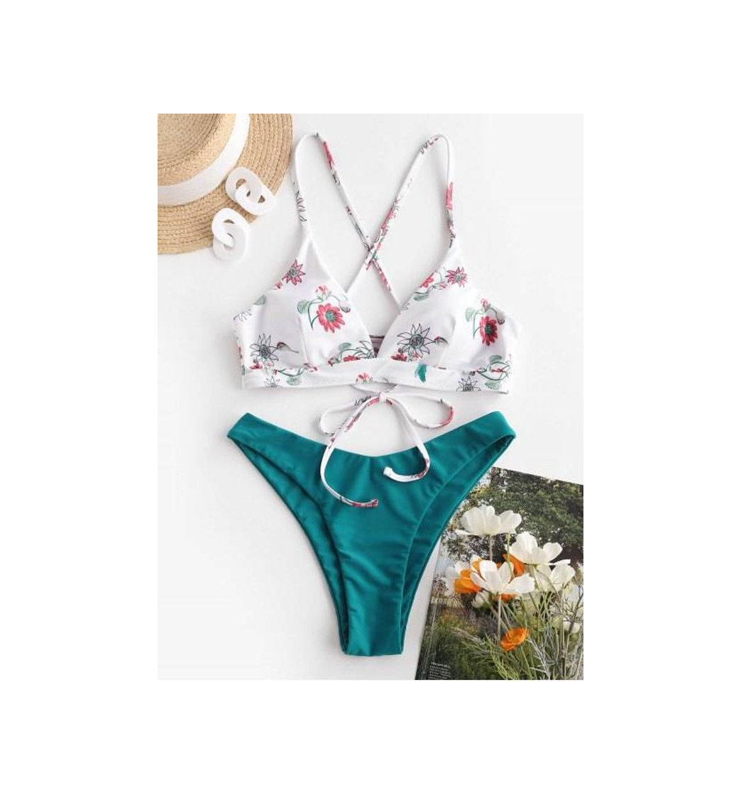 Fashion ZAFUL Floral Crisscross High Cut Bikini