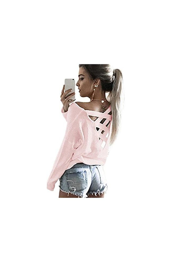 Social Minetom Mujeres Camiseta Con Manga Larga Escotado por Detrás Camisa Blusa T-shirt Blouses Pullover Sudadera Pink ES 44