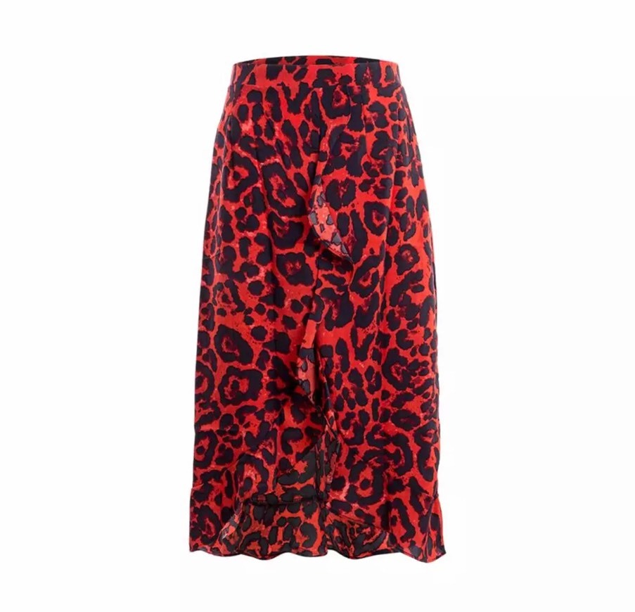 Fashion Saia padrão leopardo preta/vermelha cintura alta 