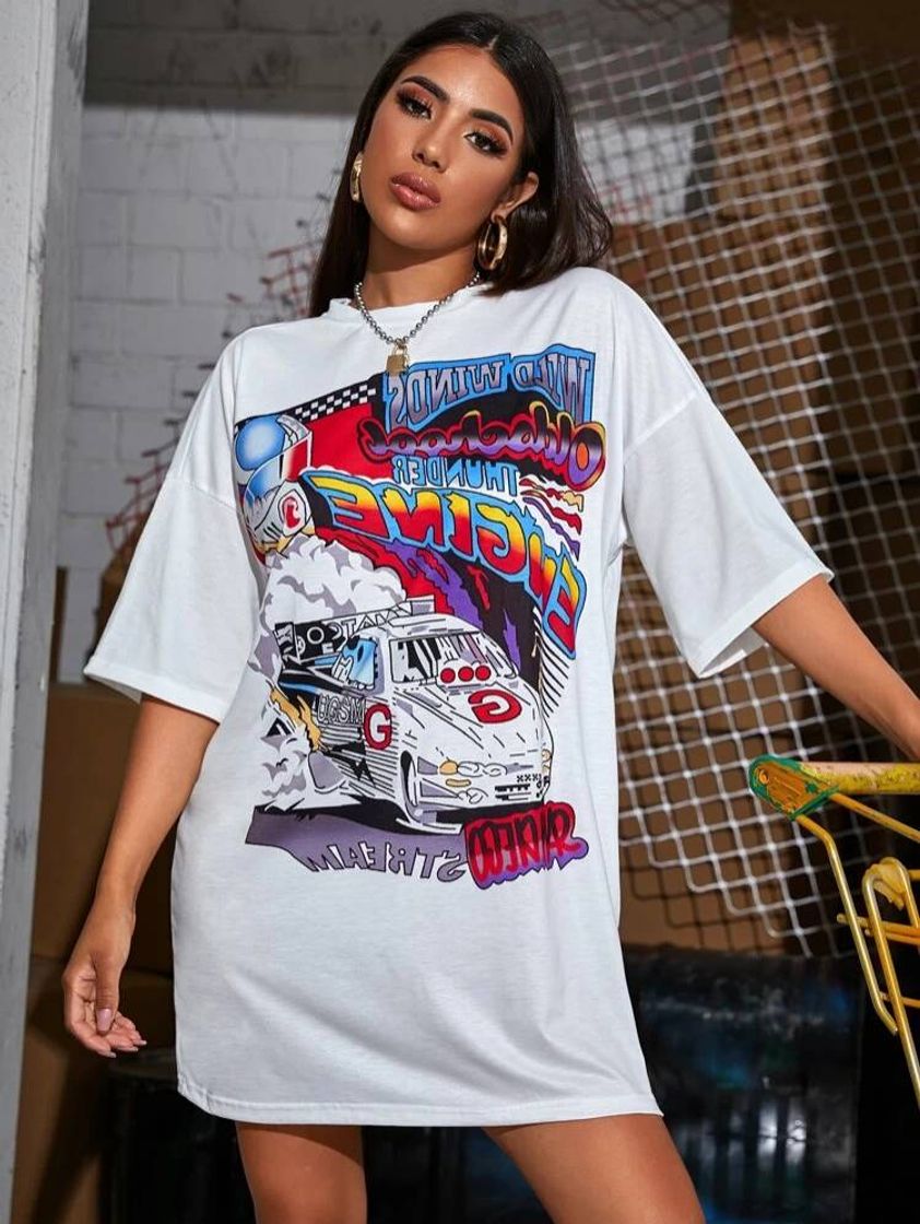 Moda Racer Car Graphic Dropped Shoulder Oversized Tee 