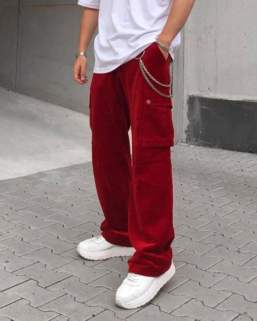 Fashion Solid Corduroy Pockets Loose Carpenter Pants