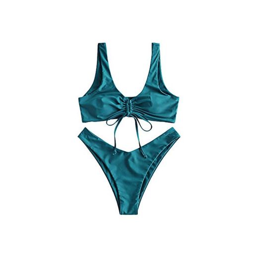 ZAFUL Conjunto de bikini para mujer de pierna alta y fija verde L