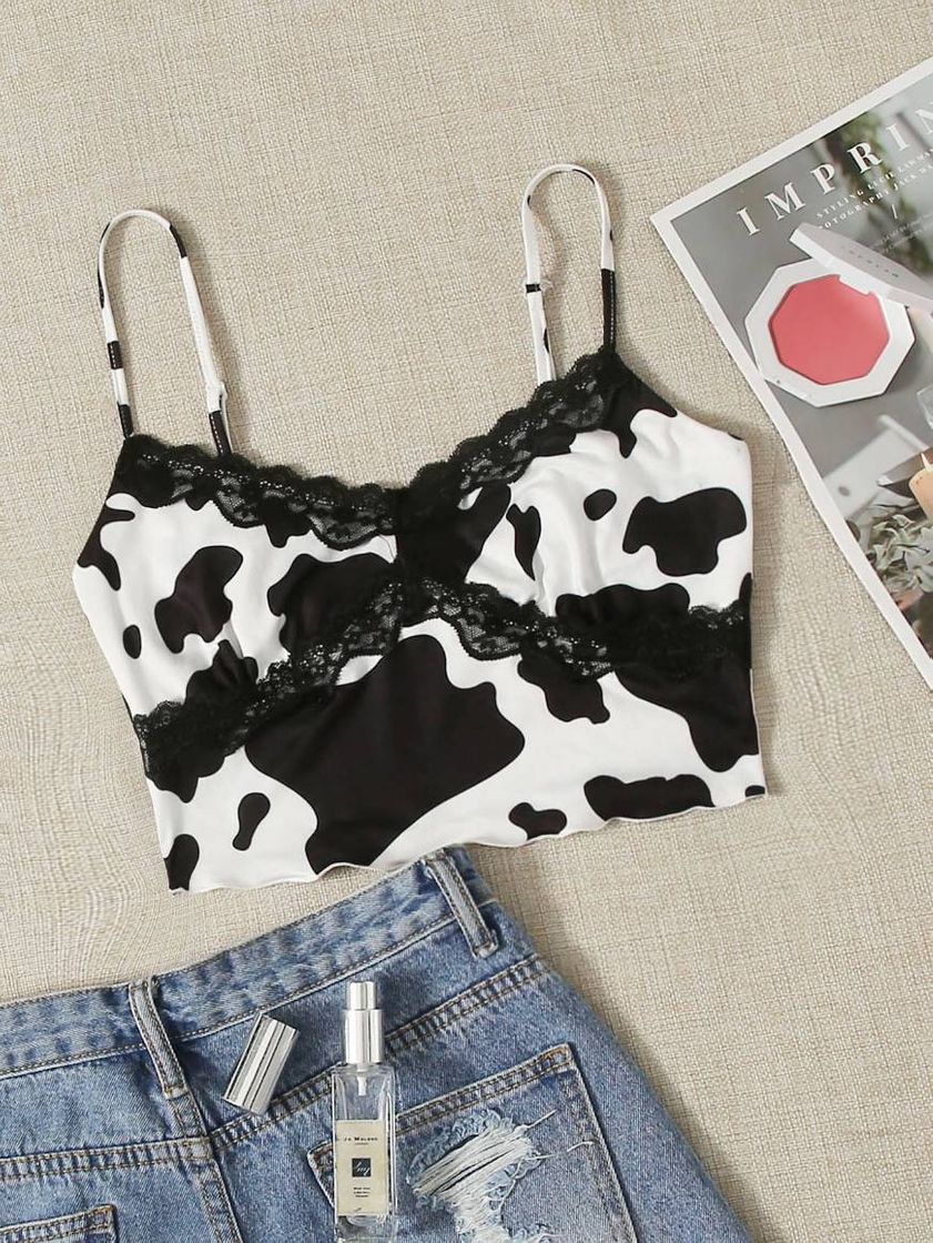 Fashion Top Cami com guarnição de renda com estampa de vaca