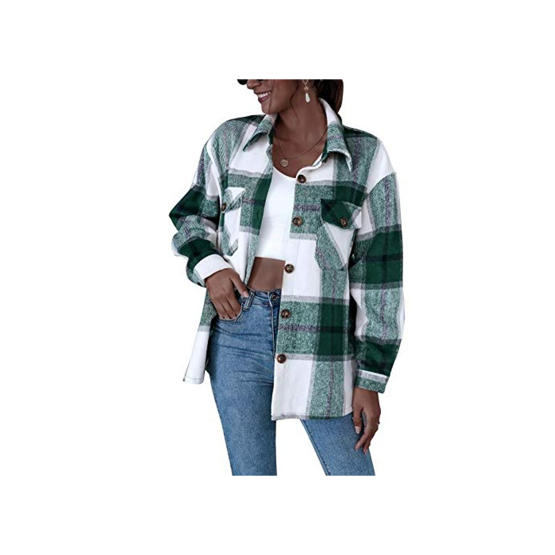 Fashion Onsoyours Chaqueta a Cuadros para Mujer con Botones Chaqueta Transición Tamaño Grande Sobrecamisa Cuadros con Bolsillos Camisa Ligera Manga Larga Estilo Boyfriend Otoño B Verde L