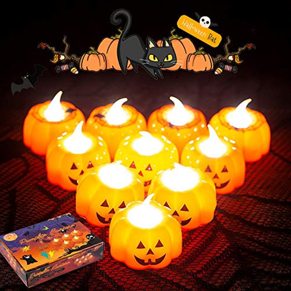 Product LED Velas,Candelitas de calabaza naranja,Luz de Té con Baterías,Llama LED Parpadeante,Decoración para