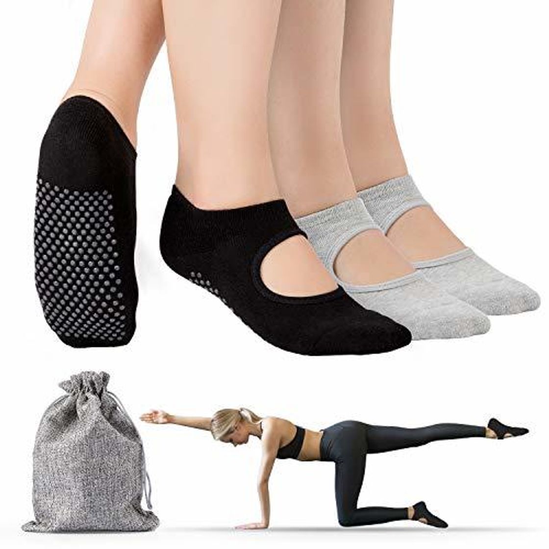 Productos Tusscle Calcetines Yoga, 2 Pares Pilates Calcetines Antideslizantes Mujer pour Yoga, Pilates,